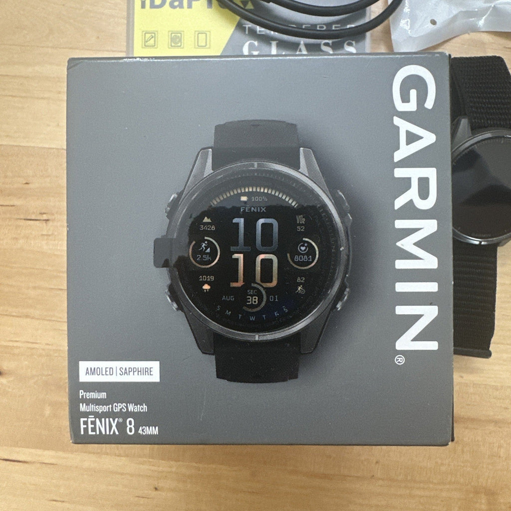Garmin Fenix 8 AMOLED Sapphire Edition 43mm Grey Carbon Box Case & Watch Straps